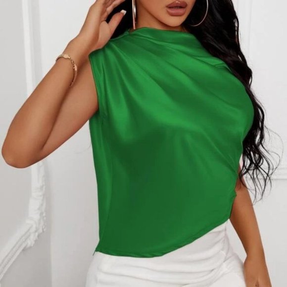 Asymmetrical Neck Ruched Satin Blouse Green - Picture 3 of 5
